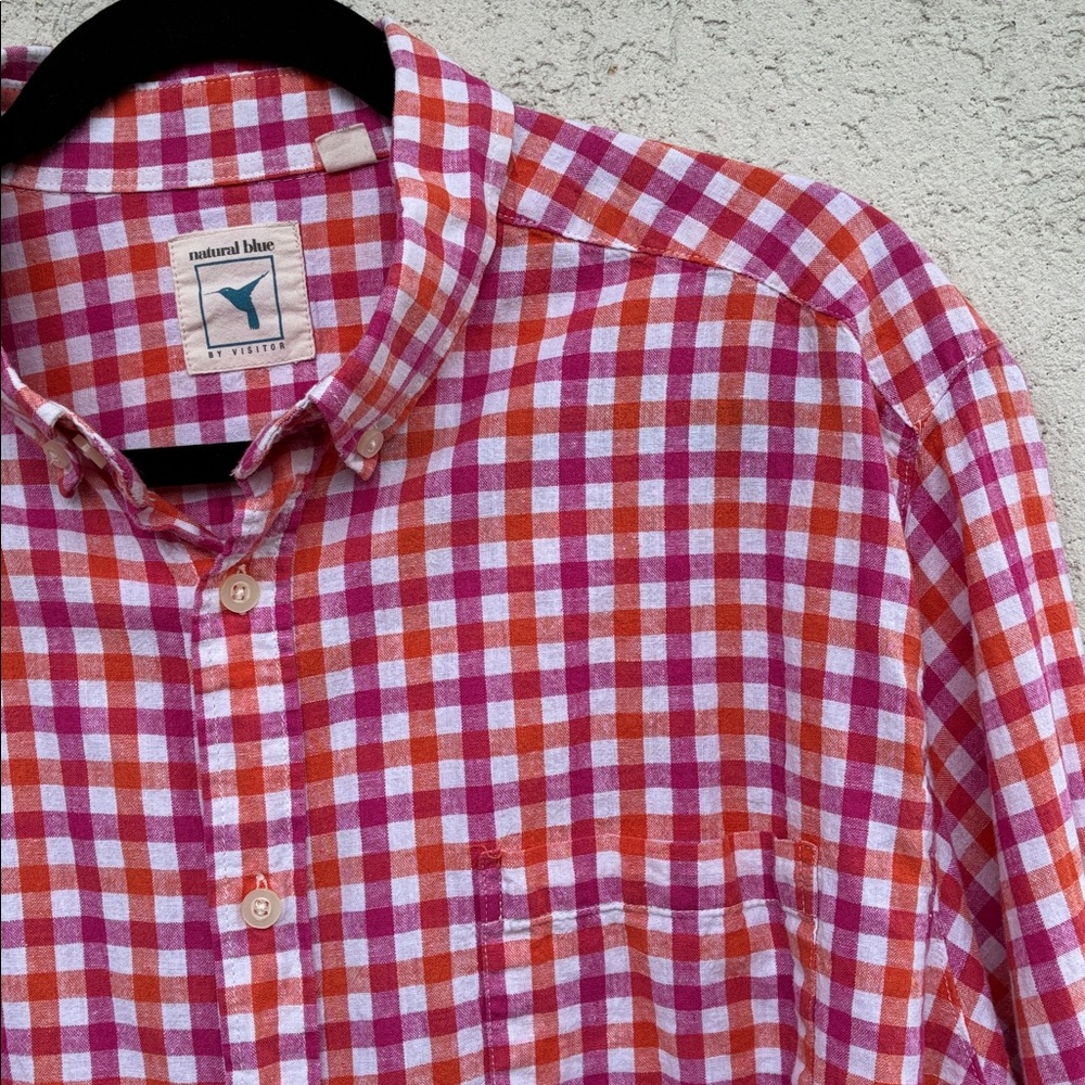 Natural Blue by Visitor. pink, white and orange checkered button up long sleeve